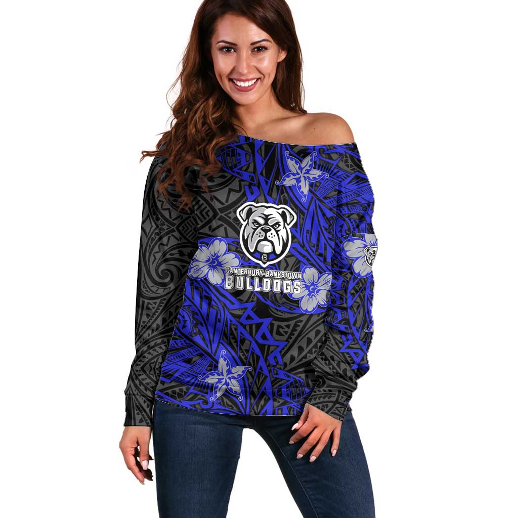 Personalised Canterbury-Bankstown Bulldogs Off Shoulder Sweater Polynesian Tribal Pattern With Rugby Bulldog Mascot Art