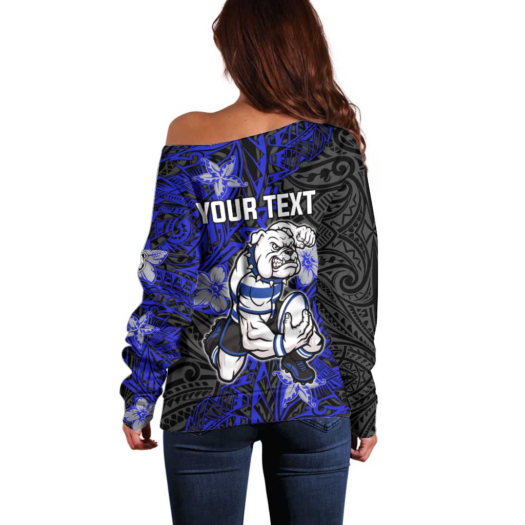 Personalised Canterbury-Bankstown Bulldogs Off Shoulder Sweater Polynesian Tribal Pattern With Rugby Bulldog Mascot Art