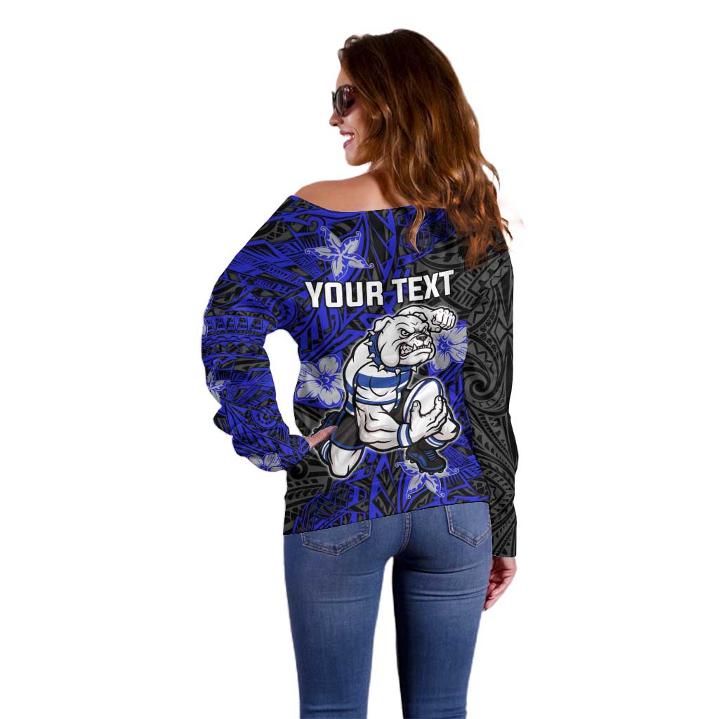 Personalised Canterbury-Bankstown Bulldogs Off Shoulder Sweater Polynesian Tribal Pattern With Rugby Bulldog Mascot Art