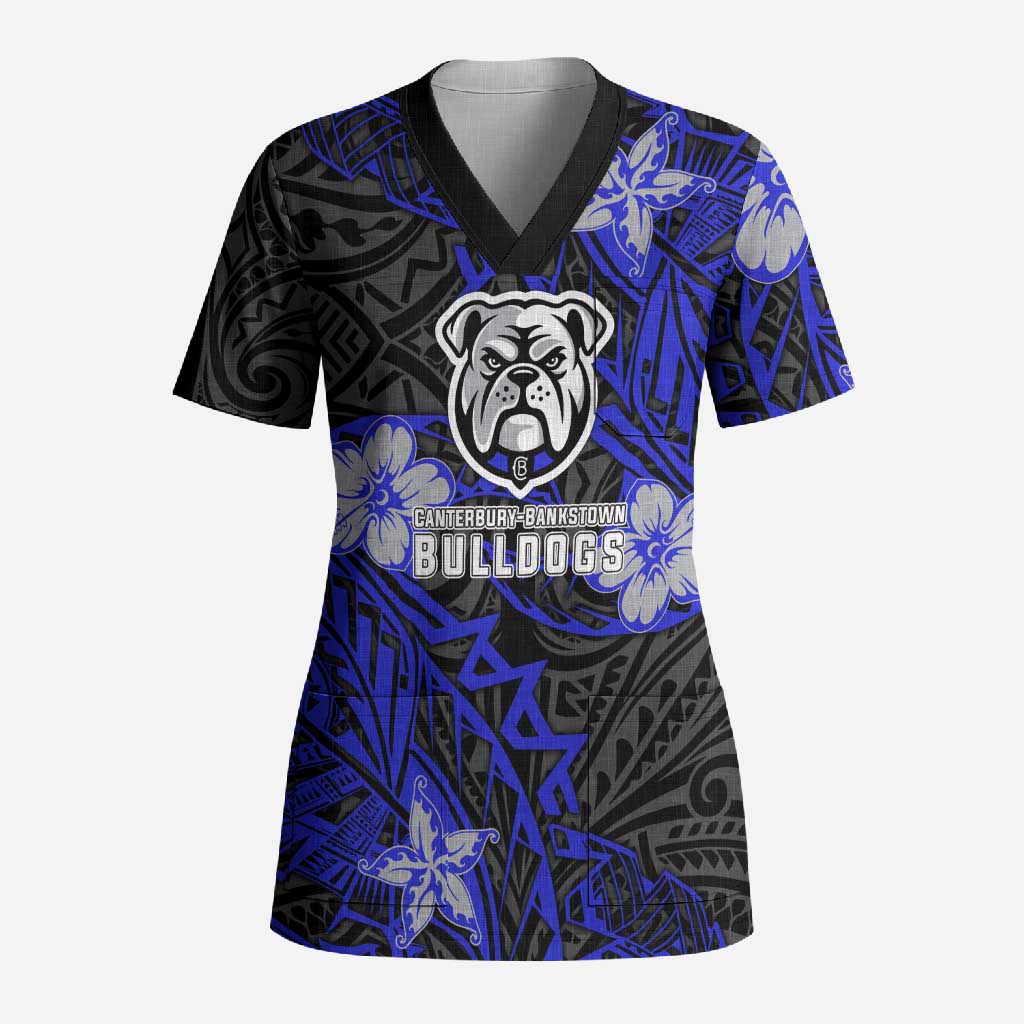 Personalised Canterbury-Bankstown Bulldogs Scrub Top Polynesian Tribal Pattern With Rugby Bulldog Mascot Art