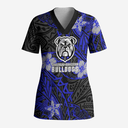 Personalised Canterbury-Bankstown Bulldogs Scrub Top Polynesian Tribal Pattern With Rugby Bulldog Mascot Art