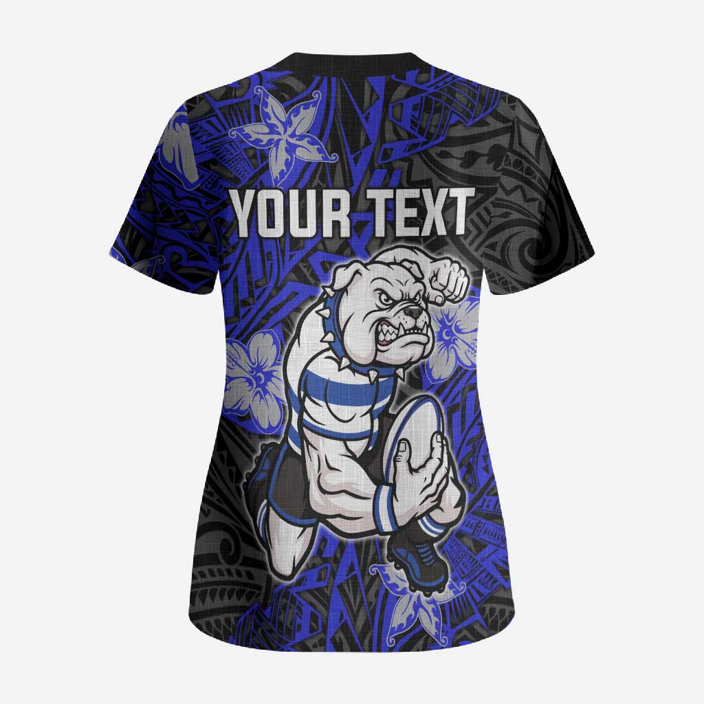 Personalised Canterbury-Bankstown Bulldogs Scrub Top Polynesian Tribal Pattern With Rugby Bulldog Mascot Art