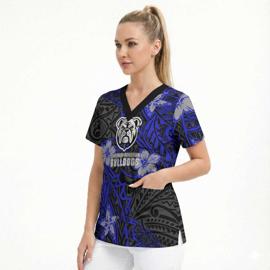 Personalised Canterbury-Bankstown Bulldogs Scrub Top Polynesian Tribal Pattern With Rugby Bulldog Mascot Art