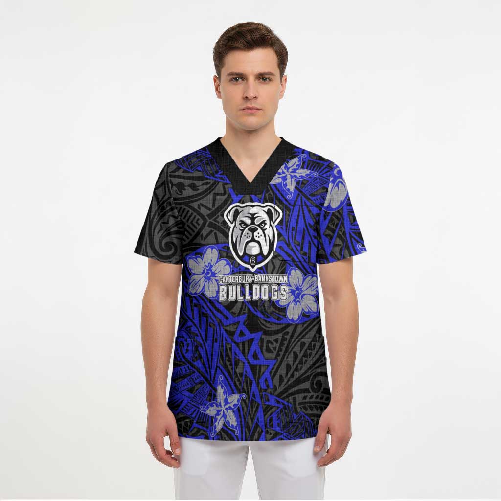 Personalised Canterbury-Bankstown Bulldogs Scrub Top Polynesian Tribal Pattern With Rugby Bulldog Mascot Art