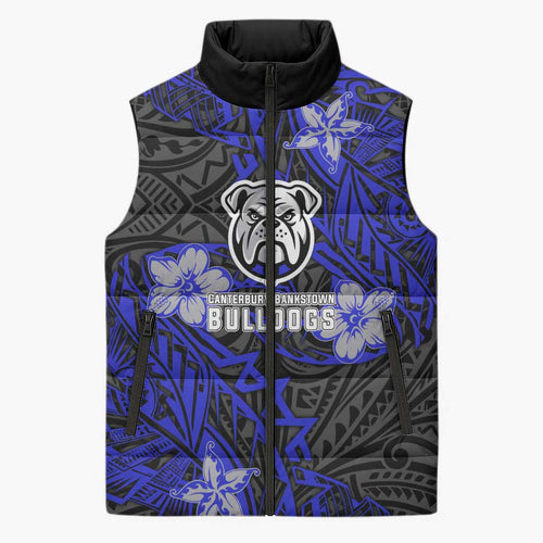 Personalised Canterbury-Bankstown Bulldogs Sleeveless Puffer Jacket Polynesian Tribal Pattern With Rugby Bulldog Mascot Art