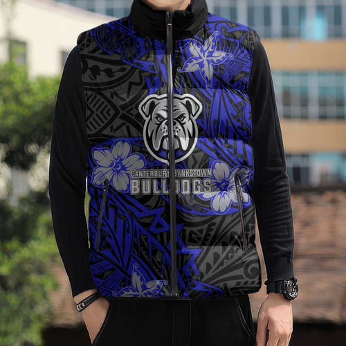 Personalised Canterbury-Bankstown Bulldogs Sleeveless Puffer Jacket Polynesian Tribal Pattern With Rugby Bulldog Mascot Art