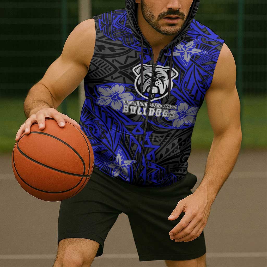 Personalised Canterbury-Bankstown Bulldogs Sleeveless Zip Hoodie Polynesian Tribal Pattern With Rugby Bulldog Mascot Art