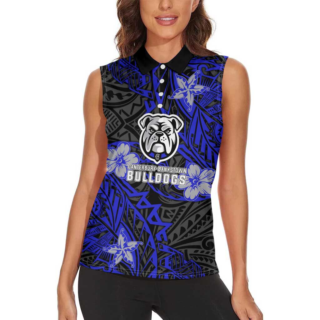 Personalised Canterbury-Bankstown Bulldogs Women Sleeveless Polo Shirt Polynesian Tribal Pattern With Rugby Bulldog Mascot Art