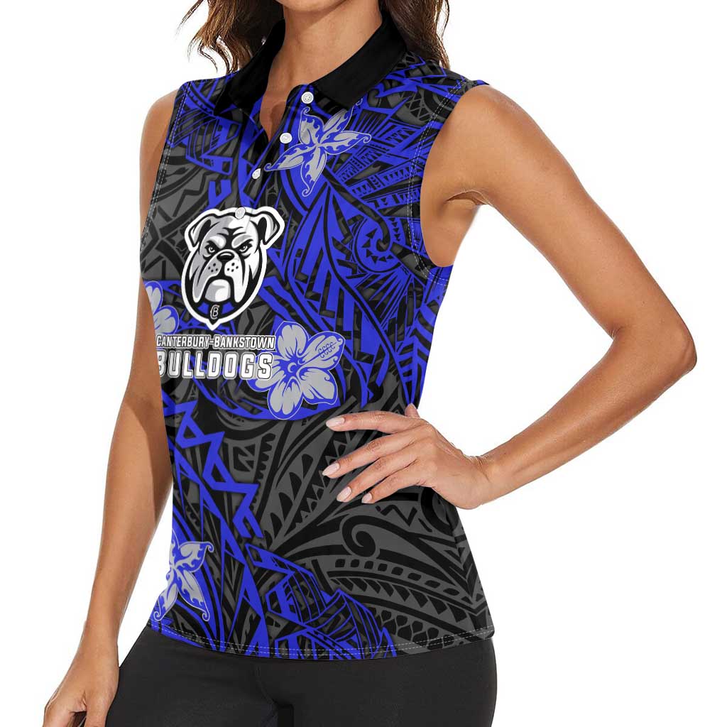 Personalised Canterbury-Bankstown Bulldogs Women Sleeveless Polo Shirt Polynesian Tribal Pattern With Rugby Bulldog Mascot Art