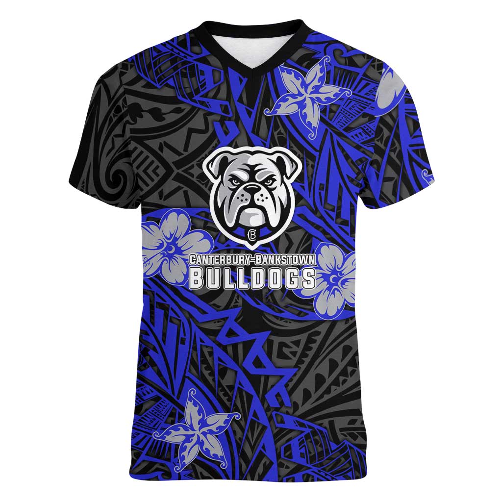 Personalised Canterbury-Bankstown Bulldogs Women V-Neck T-Shirt Polynesian Tribal Pattern With Rugby Bulldog Mascot Art