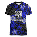 Personalised Canterbury-Bankstown Bulldogs Women V-Neck T-Shirt Polynesian Tribal Pattern With Rugby Bulldog Mascot Art