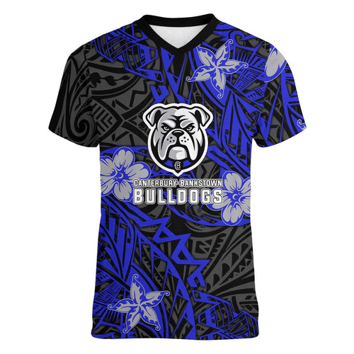 Personalised Canterbury-Bankstown Bulldogs Women V-Neck T-Shirt Polynesian Tribal Pattern With Rugby Bulldog Mascot Art