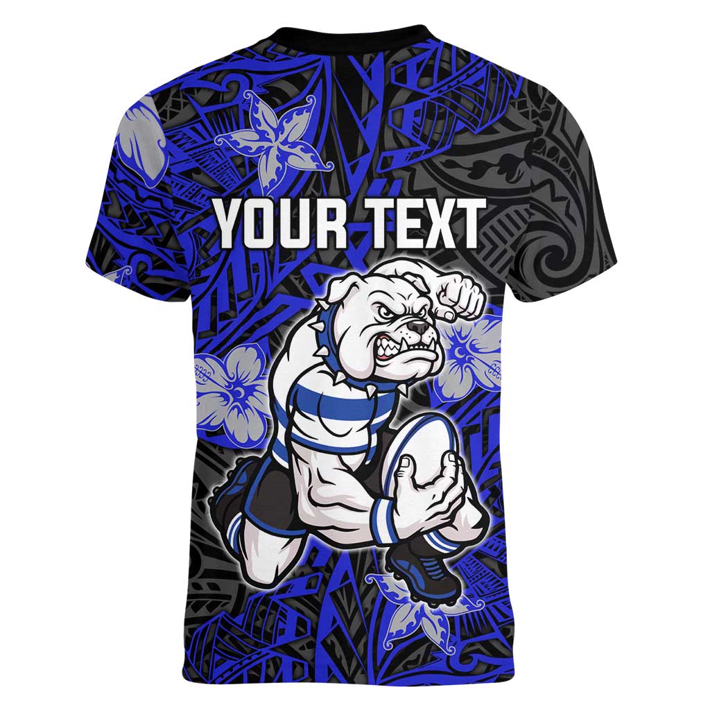 Personalised Canterbury-Bankstown Bulldogs Women V-Neck T-Shirt Polynesian Tribal Pattern With Rugby Bulldog Mascot Art