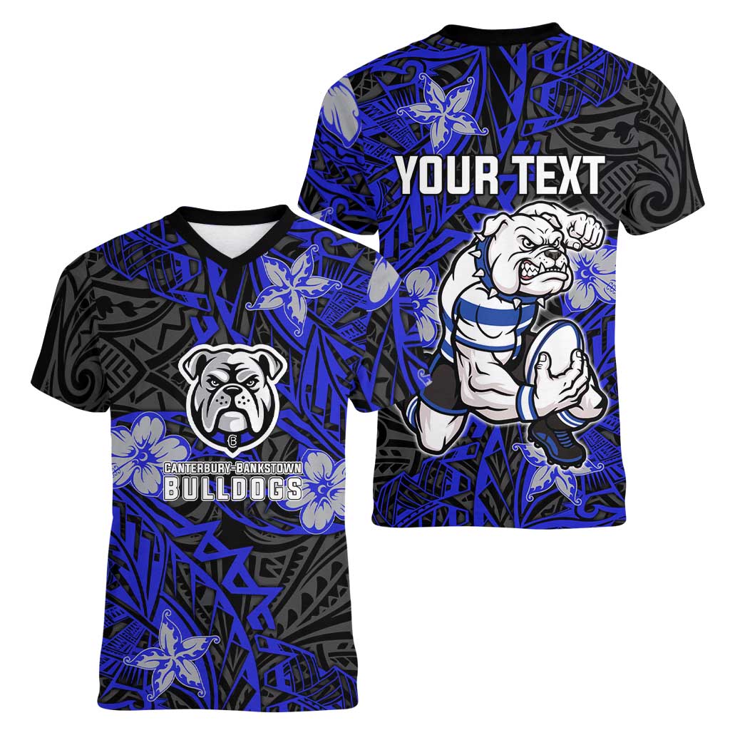Personalised Canterbury-Bankstown Bulldogs Women V-Neck T-Shirt Polynesian Tribal Pattern With Rugby Bulldog Mascot Art