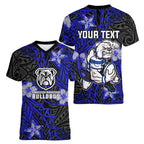 Personalised Canterbury-Bankstown Bulldogs Women V-Neck T-Shirt Polynesian Tribal Pattern With Rugby Bulldog Mascot Art