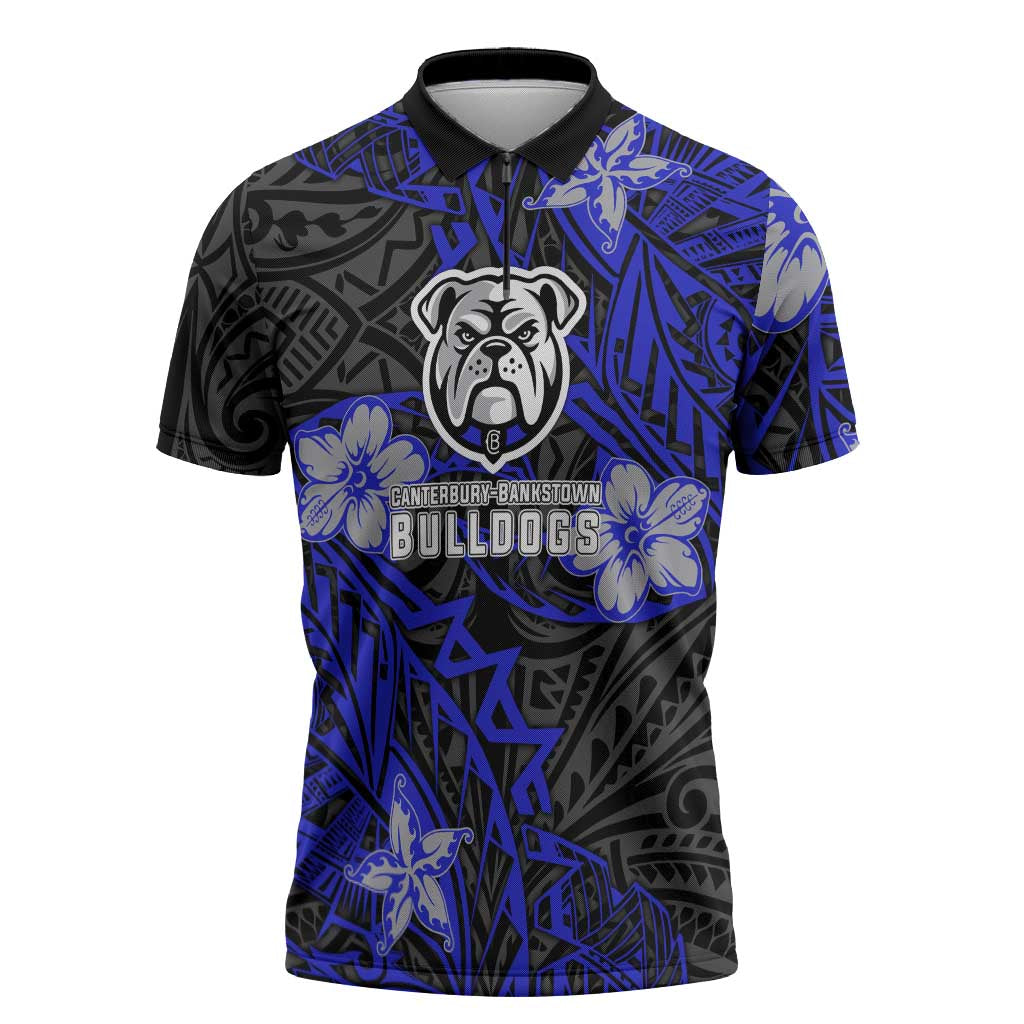 Personalised Canterbury-Bankstown Bulldogs Zipper Polo Shirt Polynesian Tribal Pattern With Rugby Bulldog Mascot Art