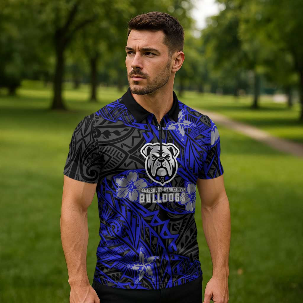 Personalised Canterbury-Bankstown Bulldogs Zipper Polo Shirt Polynesian Tribal Pattern With Rugby Bulldog Mascot Art