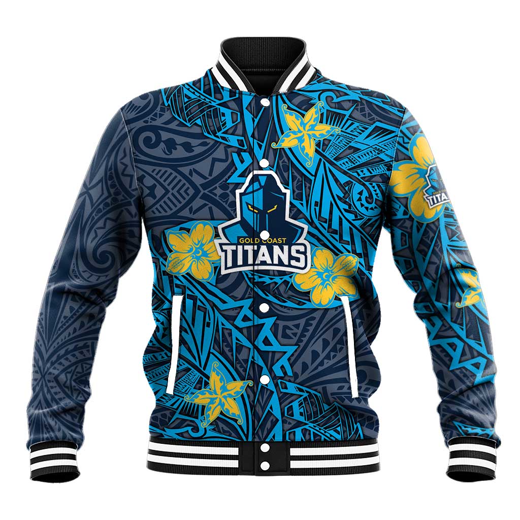 Personalised Gold Coast Titans Baseball Jacket Polynesian Tribal Pattern With Rugby Titan Mascot Art