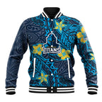 Personalised Gold Coast Titans Baseball Jacket Polynesian Tribal Pattern With Rugby Titan Mascot Art