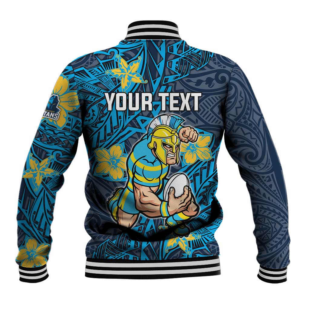 Personalised Gold Coast Titans Baseball Jacket Polynesian Tribal Pattern With Rugby Titan Mascot Art
