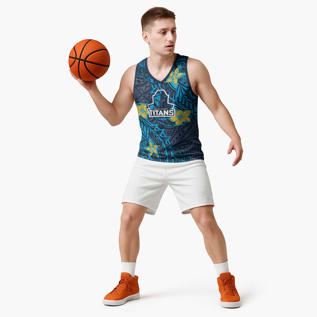 Personalised Gold Coast Titans Basketball Jersey Polynesian Tribal Pattern With Rugby Titan Mascot Art