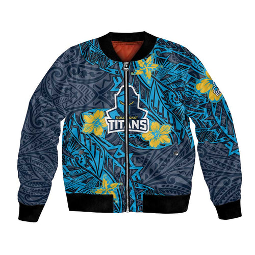Personalised Gold Coast Titans Bomber Jacket Polynesian Tribal Pattern With Rugby Titan Mascot Art