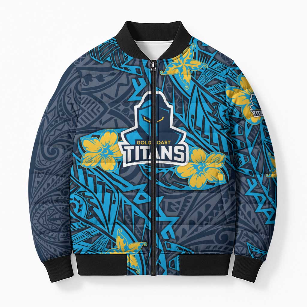 Personalised Gold Coast Titans Bomber Puffer Jacket Polynesian Tribal Pattern With Rugby Titan Mascot Art