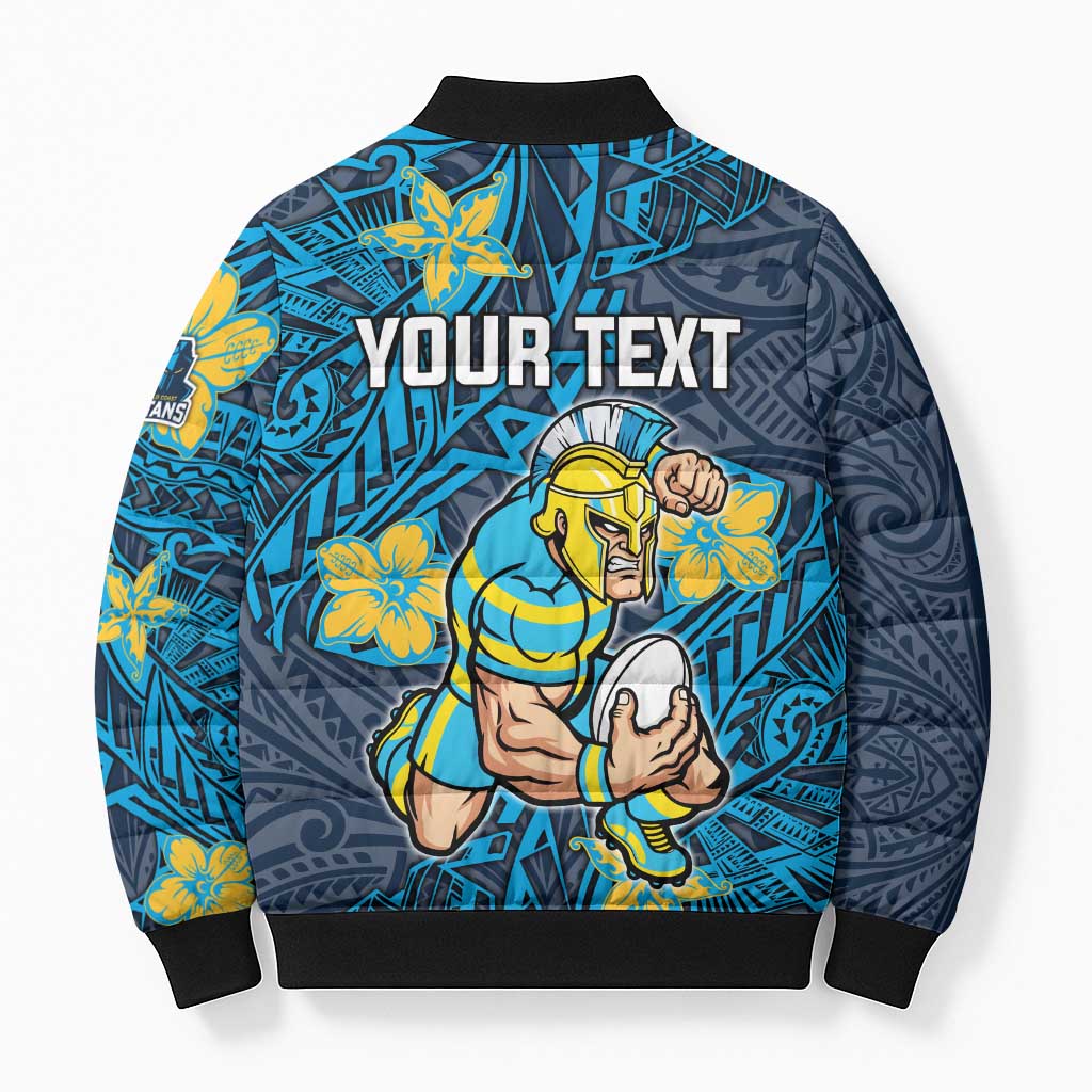 Personalised Gold Coast Titans Bomber Puffer Jacket Polynesian Tribal Pattern With Rugby Titan Mascot Art
