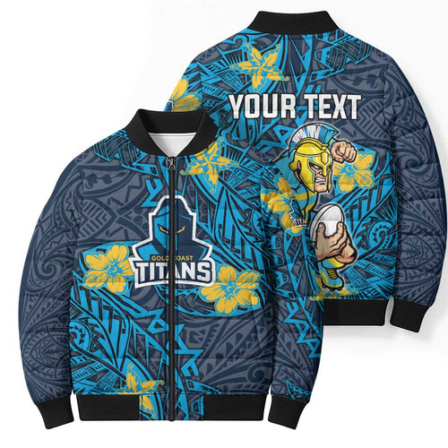 Personalised Gold Coast Titans Bomber Puffer Jacket Polynesian Tribal Pattern With Rugby Titan Mascot Art