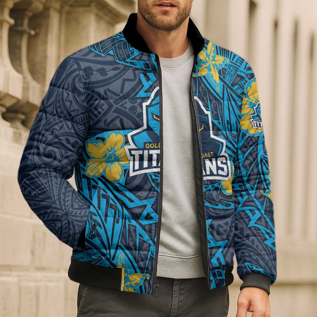 Personalised Gold Coast Titans Bomber Puffer Jacket Polynesian Tribal Pattern With Rugby Titan Mascot Art