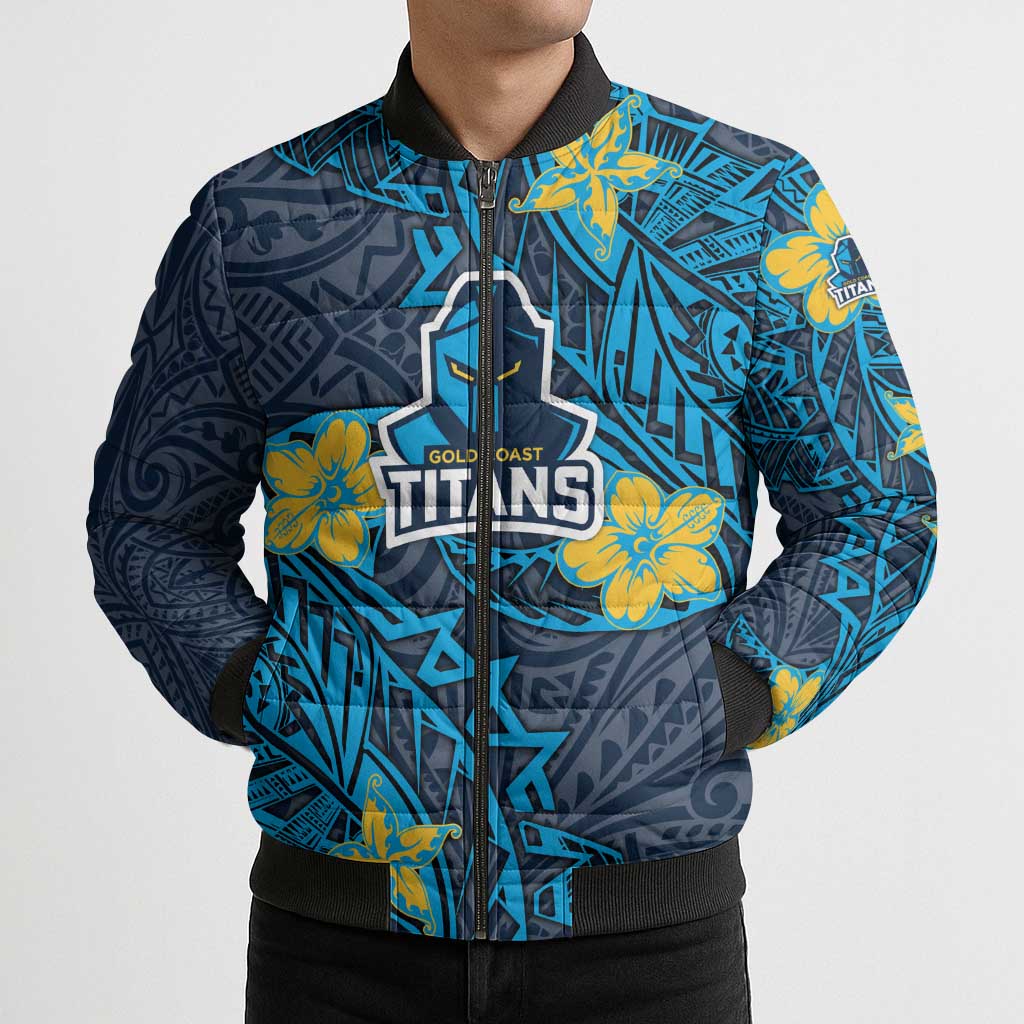 Personalised Gold Coast Titans Bomber Puffer Jacket Polynesian Tribal Pattern With Rugby Titan Mascot Art