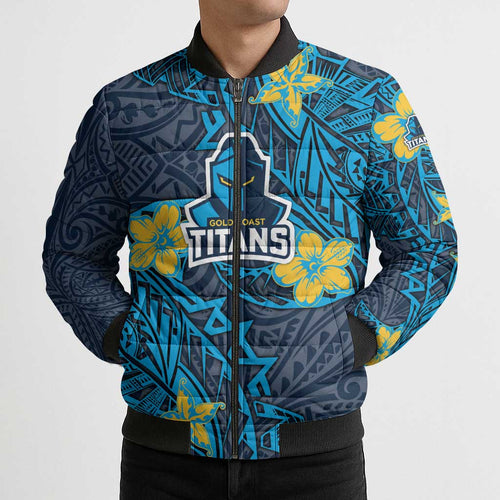 Personalised Gold Coast Titans Bomber Puffer Jacket Polynesian Tribal Pattern With Rugby Titan Mascot Art