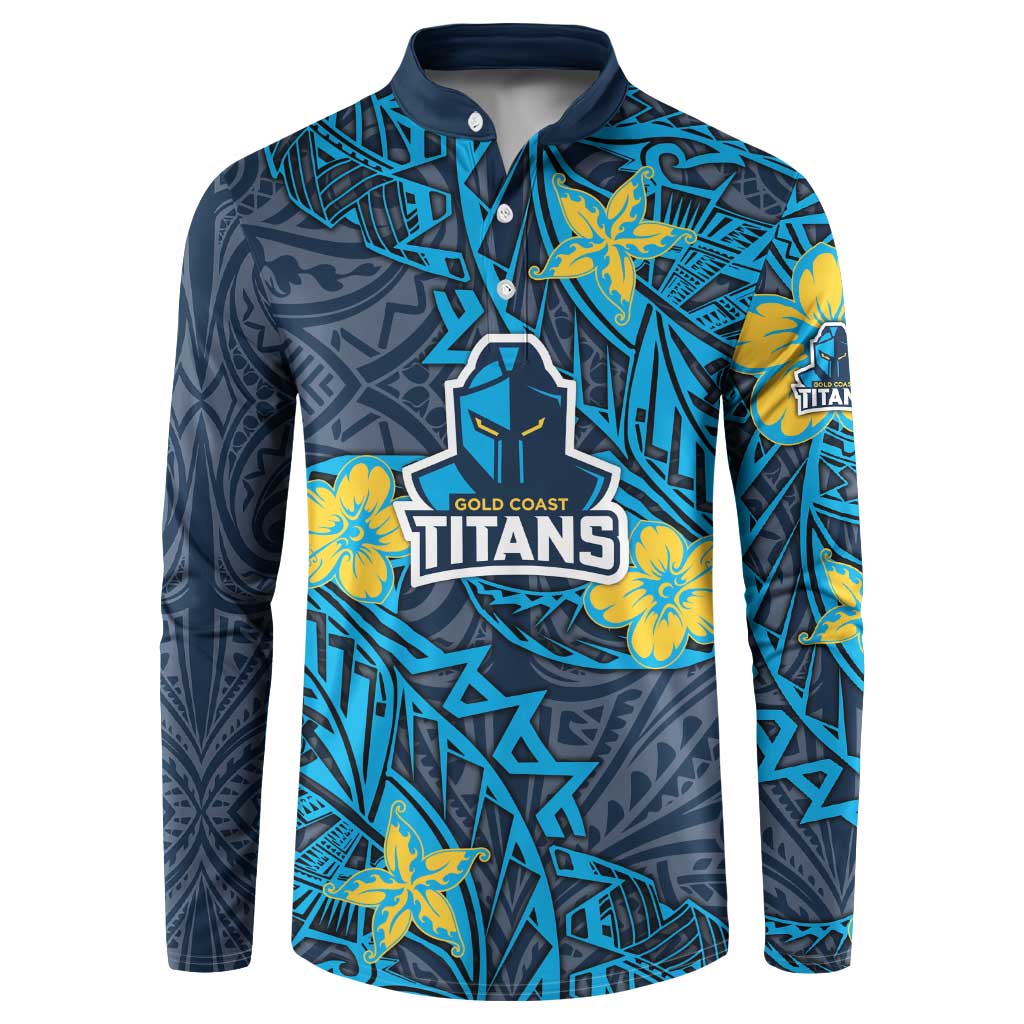 Personalised Gold Coast Titans Button Sweatshirt Polynesian Tribal Pattern With Rugby Titan Mascot Art