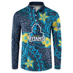 Personalised Gold Coast Titans Button Sweatshirt Polynesian Tribal Pattern With Rugby Titan Mascot Art