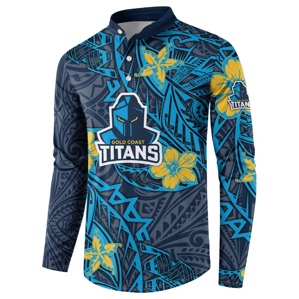 Personalised Gold Coast Titans Button Sweatshirt Polynesian Tribal Pattern With Rugby Titan Mascot Art