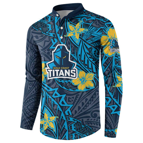 Personalised Gold Coast Titans Button Sweatshirt Polynesian Tribal Pattern With Rugby Titan Mascot Art