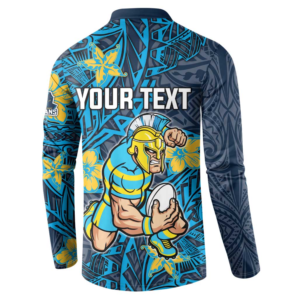 Personalised Gold Coast Titans Button Sweatshirt Polynesian Tribal Pattern With Rugby Titan Mascot Art