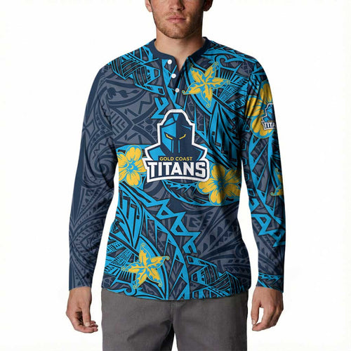 Personalised Gold Coast Titans Button Sweatshirt Polynesian Tribal Pattern With Rugby Titan Mascot Art