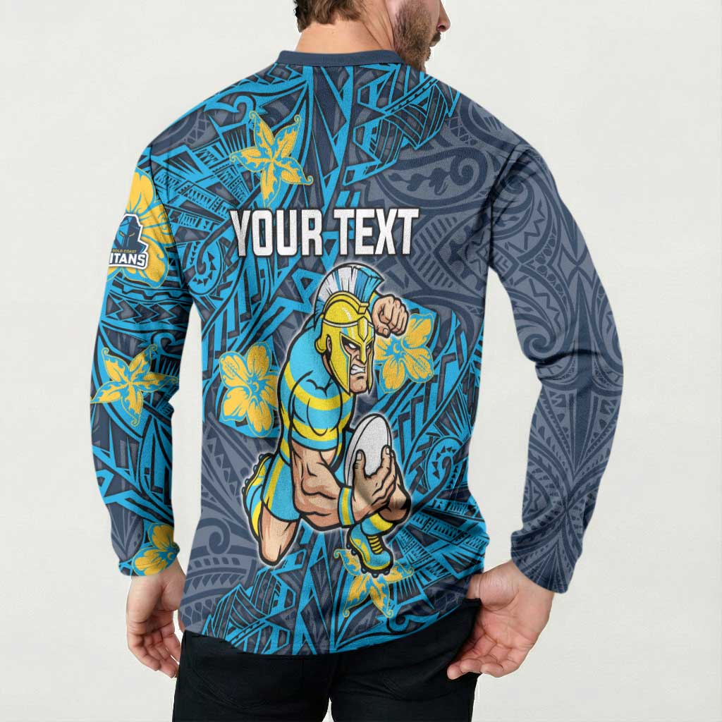 Personalised Gold Coast Titans Button Sweatshirt Polynesian Tribal Pattern With Rugby Titan Mascot Art