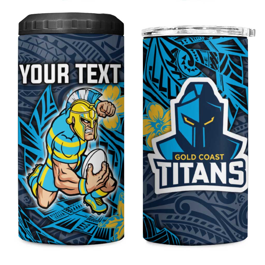 Personalised Gold Coast Titans 4 in 1 Can Cooler Tumbler Polynesian Tribal Pattern With Rugby Titan Mascot Art