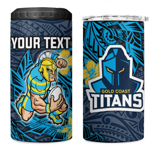 Personalised Gold Coast Titans 4 in 1 Can Cooler Tumbler Polynesian Tribal Pattern With Rugby Titan Mascot Art