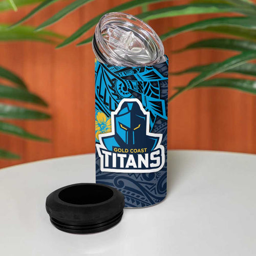 Personalised Gold Coast Titans 4 in 1 Can Cooler Tumbler Polynesian Tribal Pattern With Rugby Titan Mascot Art