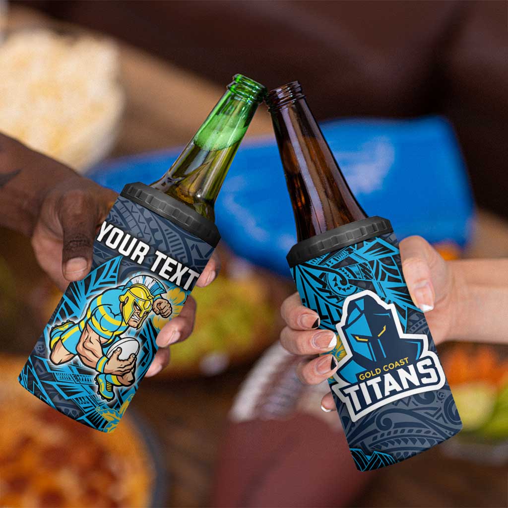 Personalised Gold Coast Titans 4 in 1 Can Cooler Tumbler Polynesian Tribal Pattern With Rugby Titan Mascot Art