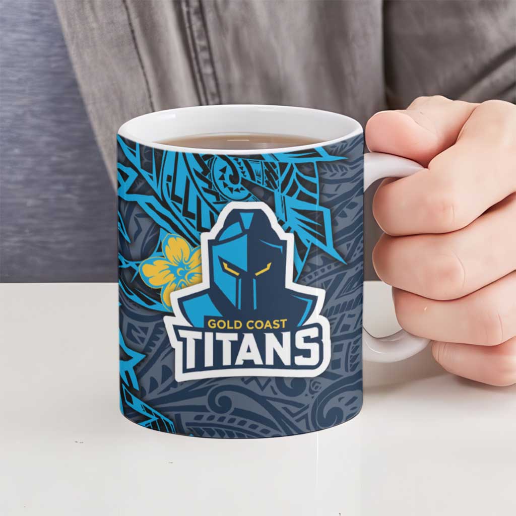 Personalised Gold Coast Titans Ceramic Mug Polynesian Tribal Pattern With Rugby Titan Mascot Art
