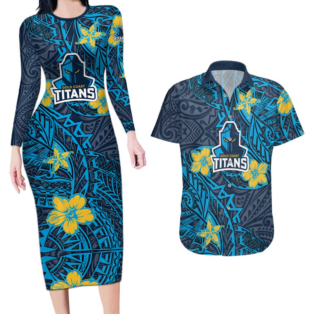 Personalised Gold Coast Titans Couples Matching Long Sleeve Bodycon Dress and Hawaiian Shirt Polynesian Tribal Pattern With Rugby Titan Mascot Art