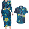 Personalised Gold Coast Titans Couples Matching Long Sleeve Bodycon Dress and Hawaiian Shirt Polynesian Tribal Pattern With Rugby Titan Mascot Art