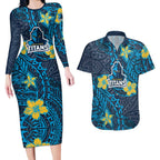 Personalised Gold Coast Titans Couples Matching Long Sleeve Bodycon Dress and Hawaiian Shirt Polynesian Tribal Pattern With Rugby Titan Mascot Art