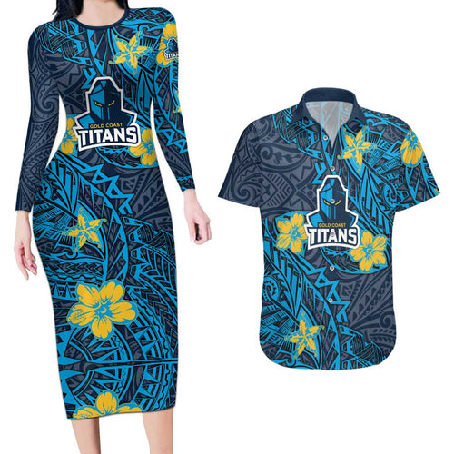 Personalised Gold Coast Titans Couples Matching Long Sleeve Bodycon Dress and Hawaiian Shirt Polynesian Tribal Pattern With Rugby Titan Mascot Art