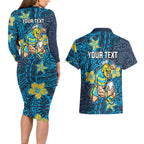 Personalised Gold Coast Titans Couples Matching Long Sleeve Bodycon Dress and Hawaiian Shirt Polynesian Tribal Pattern With Rugby Titan Mascot Art