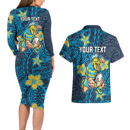 Personalised Gold Coast Titans Couples Matching Long Sleeve Bodycon Dress and Hawaiian Shirt Polynesian Tribal Pattern With Rugby Titan Mascot Art